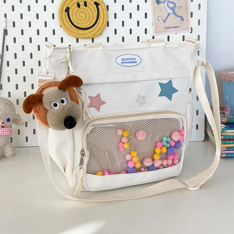 

Cute Accessory Puppy Pendant Shoulder Bag Five-Pointed Star Tote Bag Color Ball Decorate Handbag And Purse Fashion School Cross 32x30x12cm