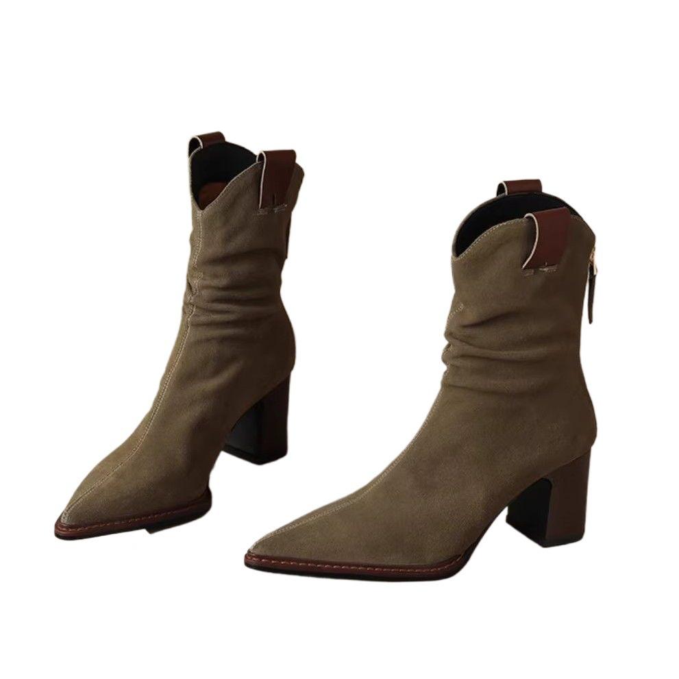 Women's Black Suede Pointed Toe Chunky Heel Ankle Boots with Back Zipper - Versatile Autumn/Winter Western Style.