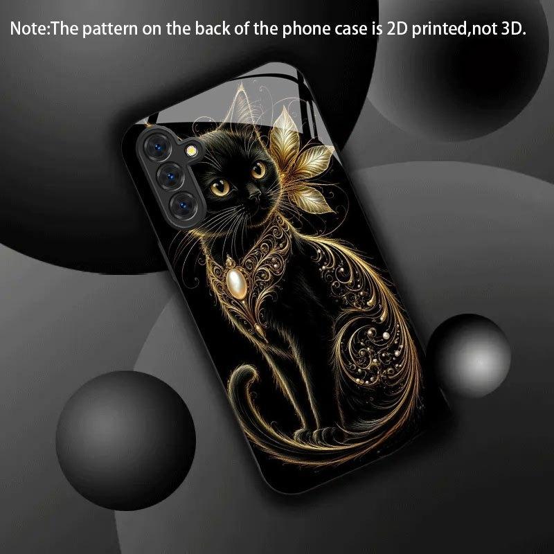 Black Gold Meow Rhyme Pattern Glass Phone Case Suitable for Samsung Galaxy S26 S25 S24 S22 S21 S20 FE/Ultra/Plus Anti Drop
