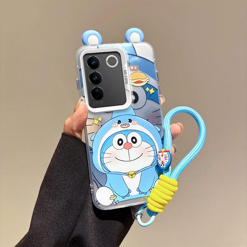 KEYSION Cute Ear Cartoon Case for VIVO Y100 5G with Lanyard Soft Silicone+PC Shockproof Phone Back Cover for VIVO Y100