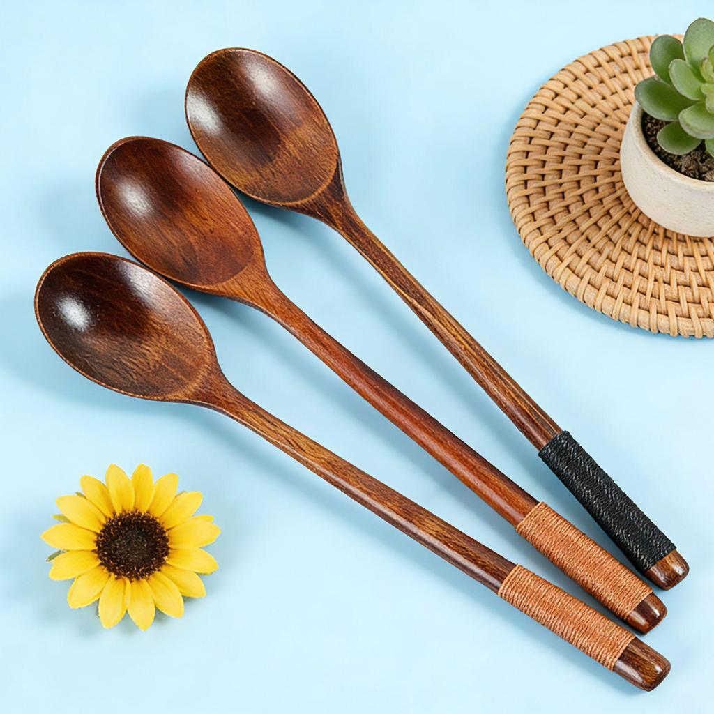 Long-Handled Wooden Spoon Set: Coffee, Honey, Milk Tea Stirrer & Soup Ladle