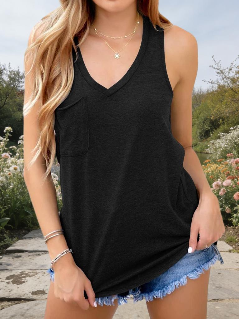 Womens V Neck Sleeveless Pocket Tank Top Loose Flowy Summer Yoga Tee