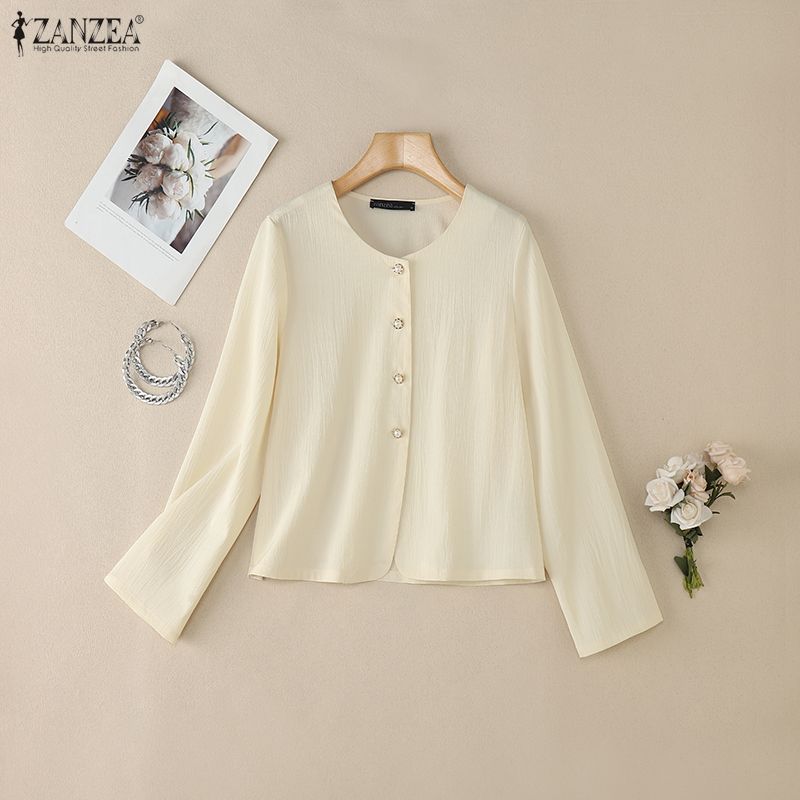 ZANZEA Damen Lässig Rundhals Einfarbig Locker Langarm Bluse