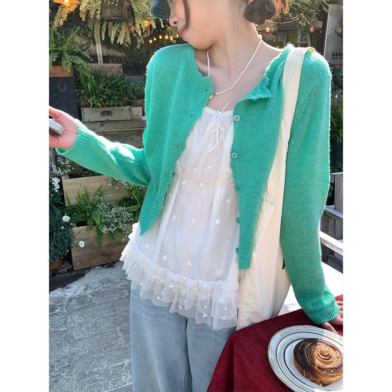 

New spring candy color sweet dopamine mohair knitted cardigan thin women s top one size fits all зелёный