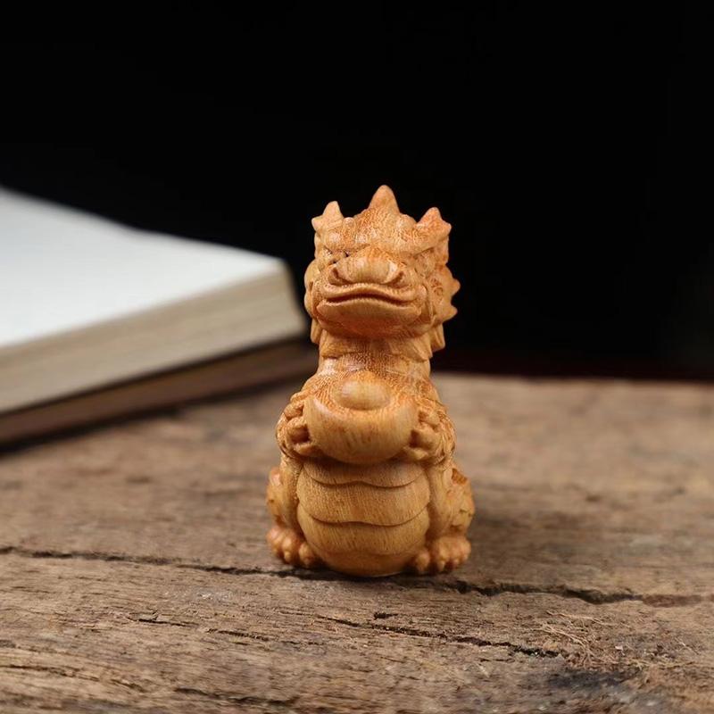 Natural Wooden Small Fire Dragon Ingot Fortune Statue Hand Carved Solid Wood  Cute Home Room Mini Feng Shuidecoration Statue
