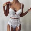 Women Sexy Lace Underwear V-neck Chest Pad Bra Thong Bow Garter Lingerie Set