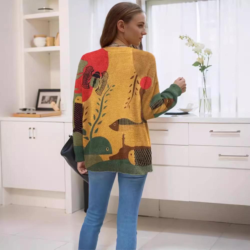 Maglione da donna oversize con motivo animale - Pullover casual a maglia larga con maniche lunghe per autunno/inverno.