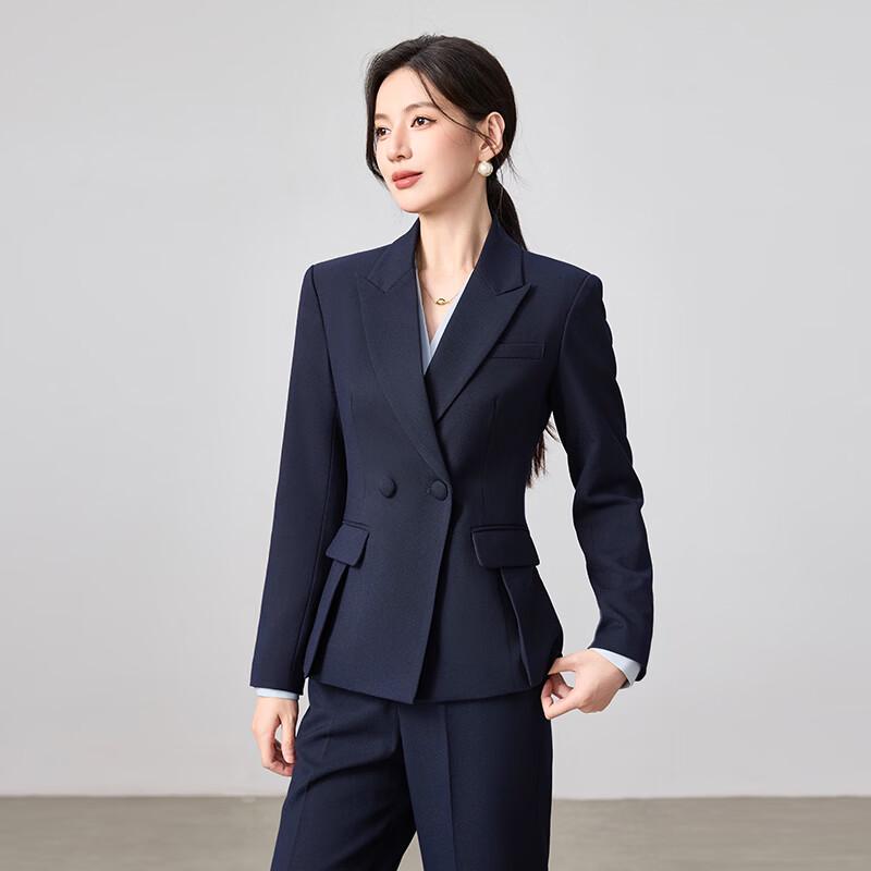 Teluoman Women's Dark Blue Blazer & Wide-Leg Pants Suit Set