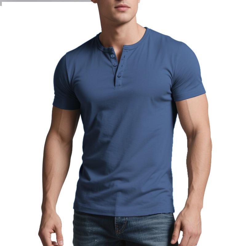 Men Summer Casual Slim Fit Short Sleeve Solid Henley Shirt