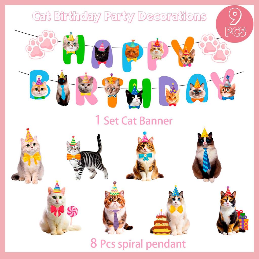Cat Party Decoration Banner Swirl, 9 Pieces Cat Hanging Swirl Decorations, Cat Birthday Banner Cat Party Hanging Swirl