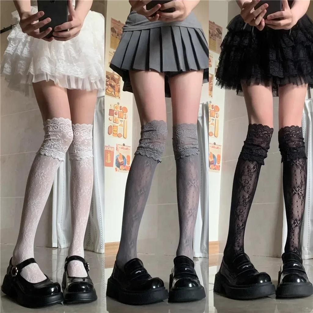 Y2k New Women Flower Lace Fishnet Thigh High Stockings Japanese Style JK Girl Sweet Lace Trim Frilly Over Knee Long Socks