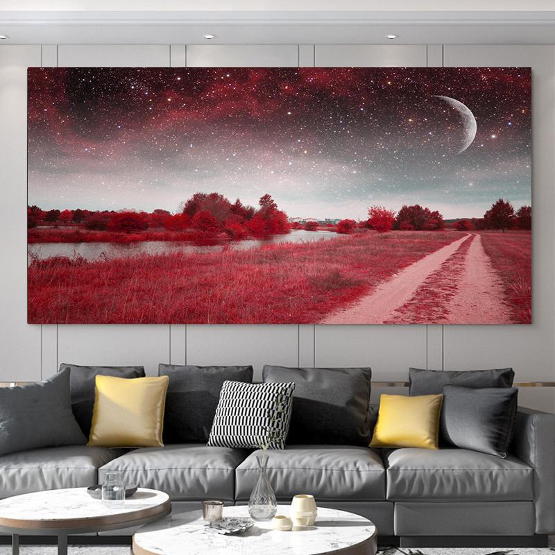 Lacuri și copaci roșii moderni sub cerul înstelat pictură pe pânză peisaj roșu pentru birou, sufragerie, artă de perete, decor Cuadros