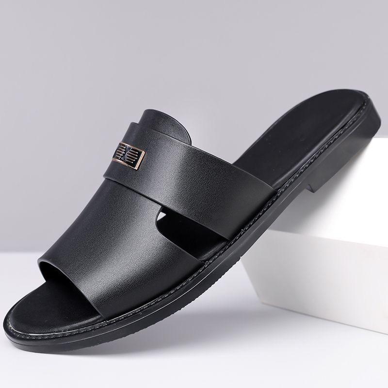 Herren Schwarz Leder Hausschuhe Einfache flache Sandalen Sommer Braun Outdoor Römische Sandalen Outdoor Strandschuhe für Vater Übergröße