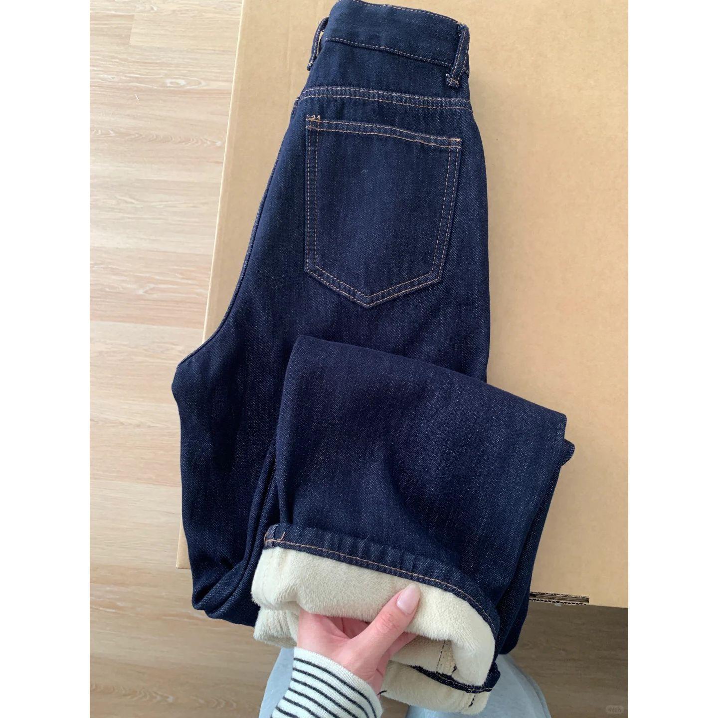 Women s Dark Blue Velvet Straight-Leg Jeans - High Waist, Warm, Wide-Leg, 2025 Autumn/Winter Collection XL (118-135 jin)