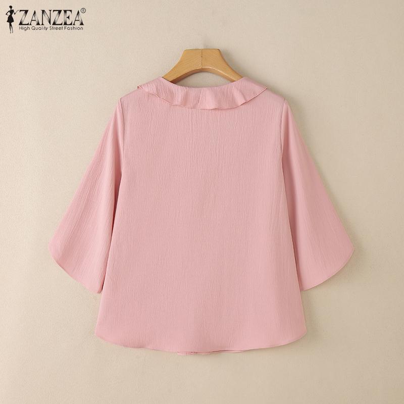 ZANZEA Womens Summer V-Neck 3/4 Sleeve Loose Ruffles Blouse