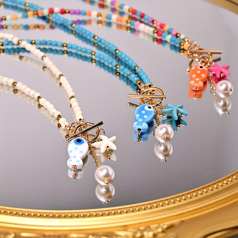 Bohemian Retro Ceramic Spotted Fish Imitation Pearl Turquoise Starfish Pendant Necklace for Women Colored Dopamine Jewelry Gifts