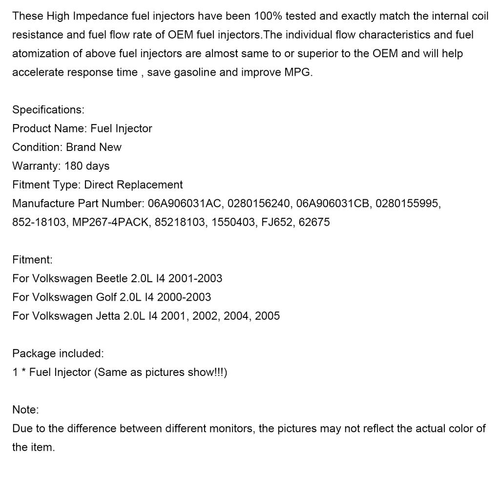1PCS Fuel Injector 0280155995 Fit VW Golf Beetle Jetta 2.0L I4 2000-05