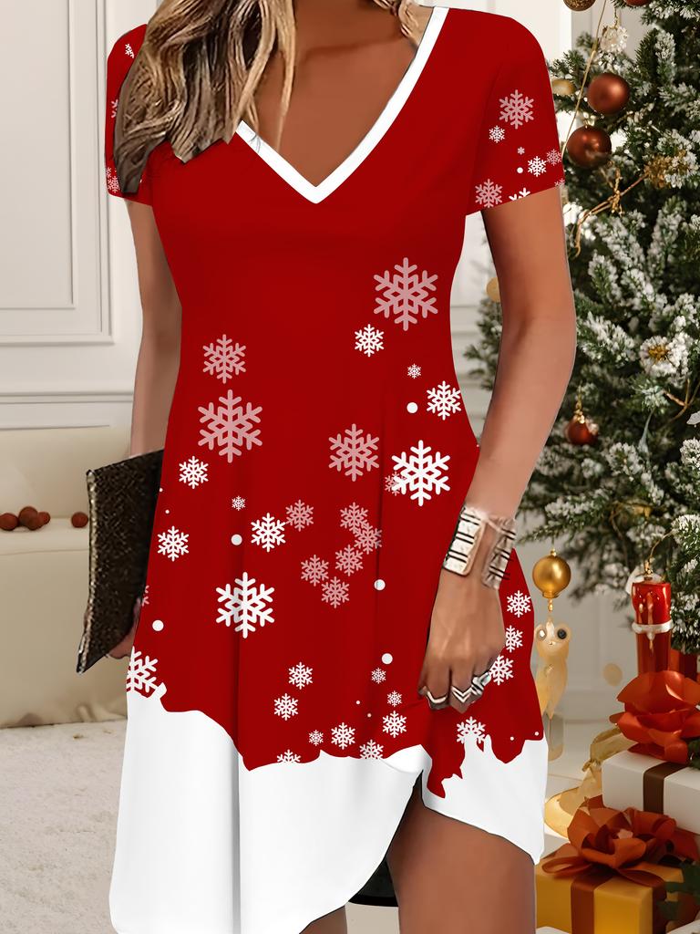 Mode Damen V-Ausschnitt Kurzarm Weihnachten Schneemann Bedrucktes Kleid Sexy Kurzer Rock Kleider