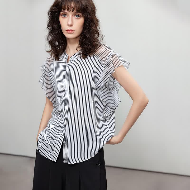 Demana Translucent Spliced Ruffle Chiffon Blouse L