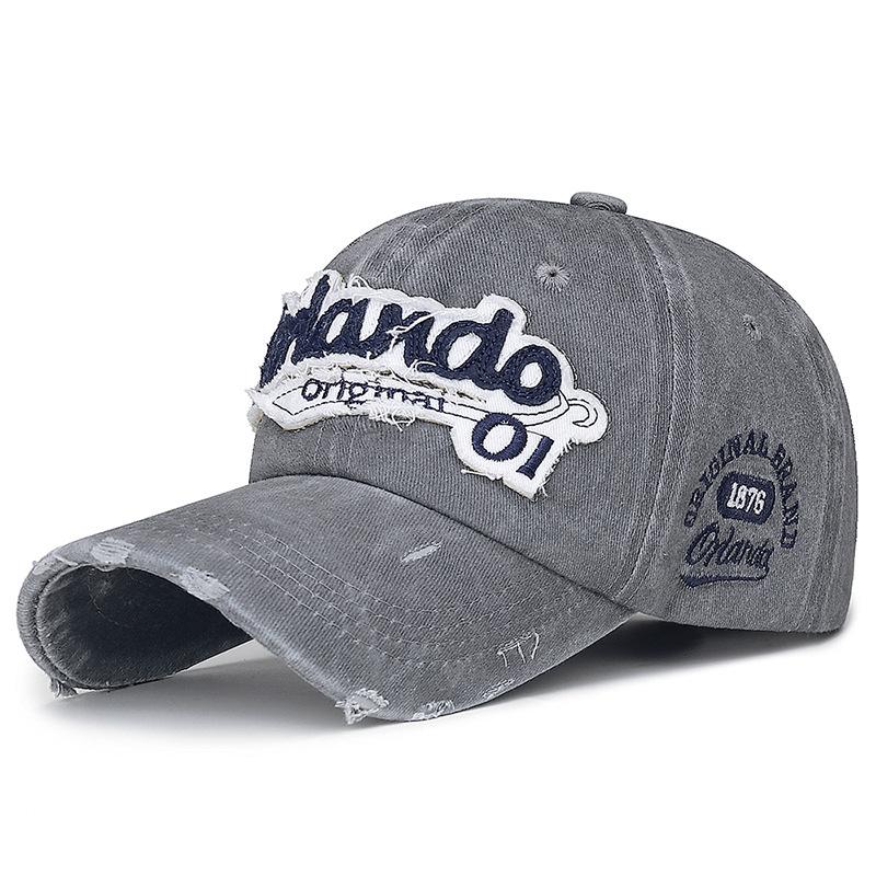 Fashionable Distressed English Embroidered Baseball Hat with Perforated Patch and Curved Brim