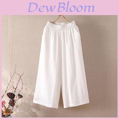 Lässige Baumwoll-Leinen-Hose mit weitem Bein für Damen mit elastischem Bund und Taschen für Sommerkomfort