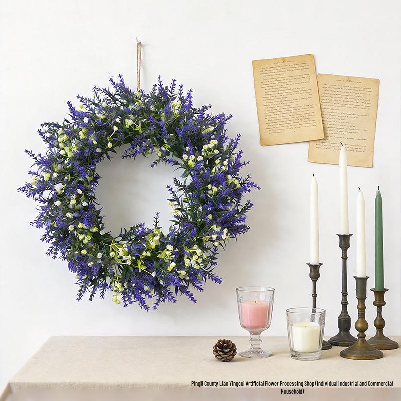 Simulated Lavender & Spring Grass Door Wreath - Home & Window Decoration with Faux Flowers