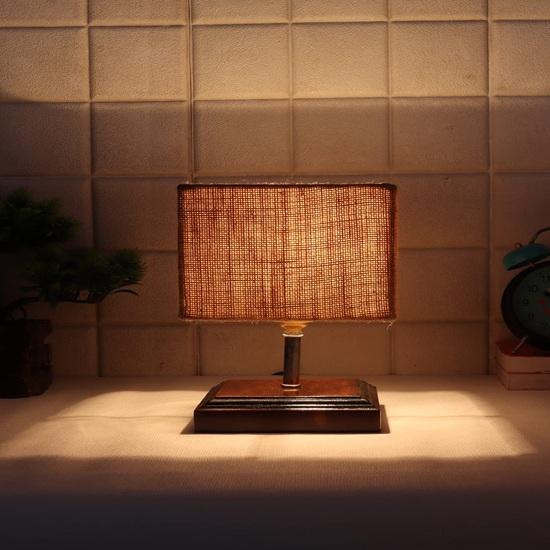 22.86 Cm Square Wood Table Lamp with Beige Jute Shade Bedroom, Dining Room, Hotel Room, Living Room, Office Decor Bulb Not Included