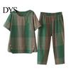 Short Sleeve Top Set 2 Pcs/Set Women T-shirt Pants Plus Size Homewear Outfit Color Matching Plaid Print Casual Two-piece Round Neck Wide Leg