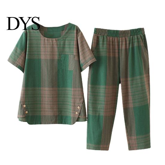 Short Sleeve Top Set 2 Pcs/Set Women T-shirt Pants Plus Size Homewear Outfit Color Matching Plaid Print Casual Two-piece Round Neck Wide Leg