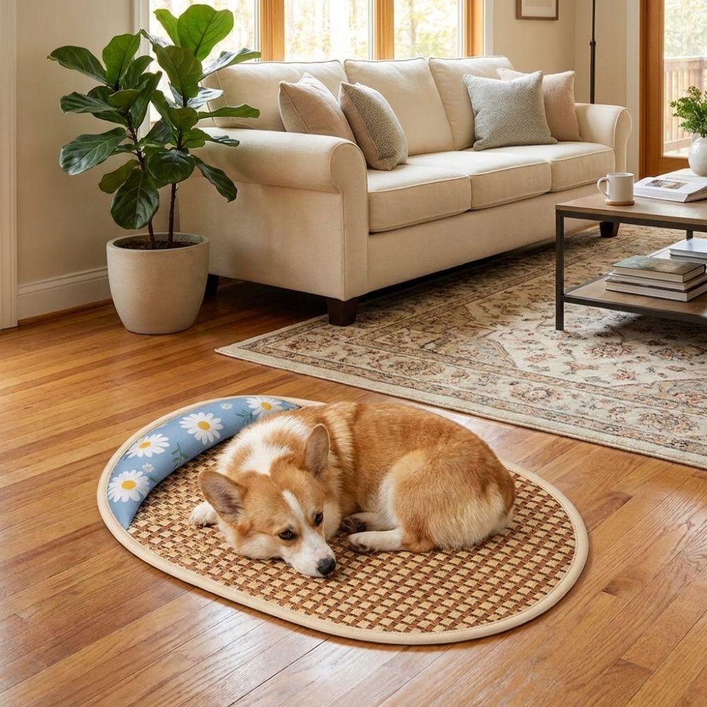 Sunflower Print Pet Cooling Mat Breathable Pet Mattress Rattan Mat Kennel Mat  Indoor Use