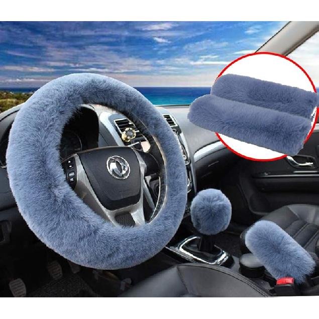 Pinbola 5Pcs In 1 Set Faux Wool Steering Wheel Cover Soft Fluffy Handbrake Cover & Gear Shift Cover & 2Pcs Seat Belt Shoulder Pads Warm Universal Fit
