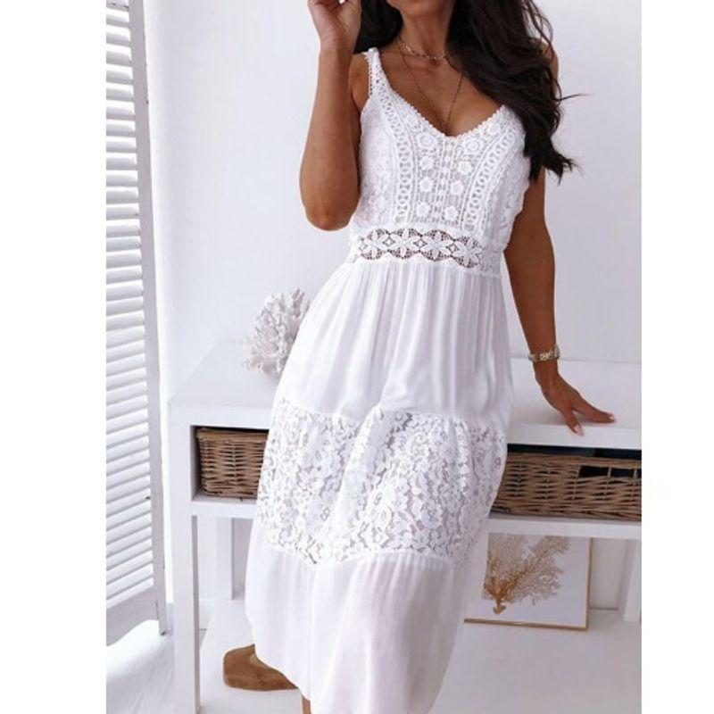 

Sweet Summer New V Neck White Hollow-out Crochet Lace Patchwork Sleeveless Sling Dress Beach Dress Dress White 3XL