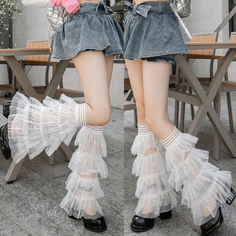 Women Tiered Ruffle Lace Leg Warmers Sweet Thigh High Leg Socks Baggy Cuffs Ankle Heap Socks Mesh Flared Leg Sleeves