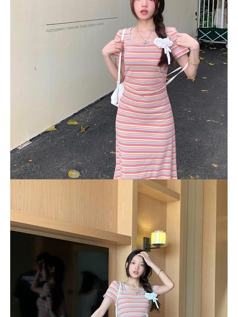 2026 Elegant Slimming French Rainbow Stripe Long Dress