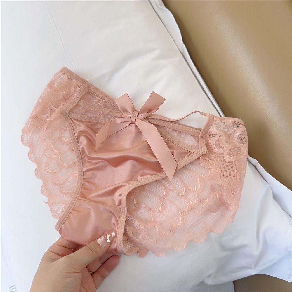 Bowknot Lace Mesh Briefs French Style Low Waist Underpants Fashion Satin Panties  Daily