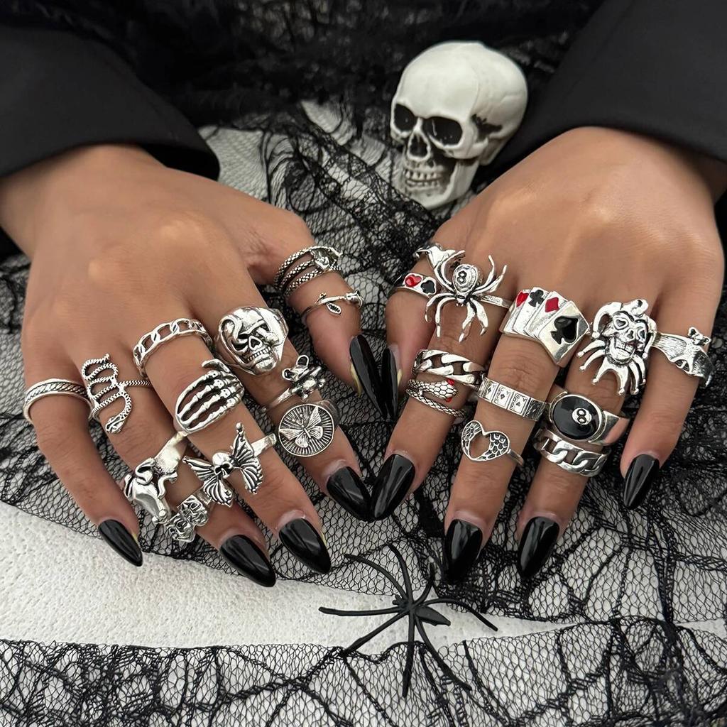Ingemark Halloween Goth Skull Spider Snake Rings Set for Men Vintage Silver Color Big Size Rings Unisex Festival Party Jewelry