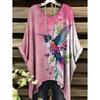 Camiseta de Verano para Mujer Estampado de Colibrí y Pavo Real Cuello Redondo Cola Cómoda Manga Corta Oversize Dobladillo Irregular Tops
