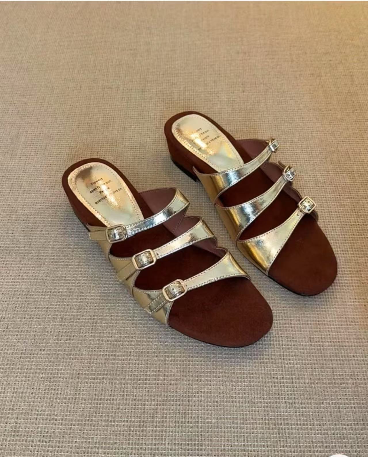 

British style one-word button open-toed slippers women s French retro wedge heel leather versatile gold sandals 35