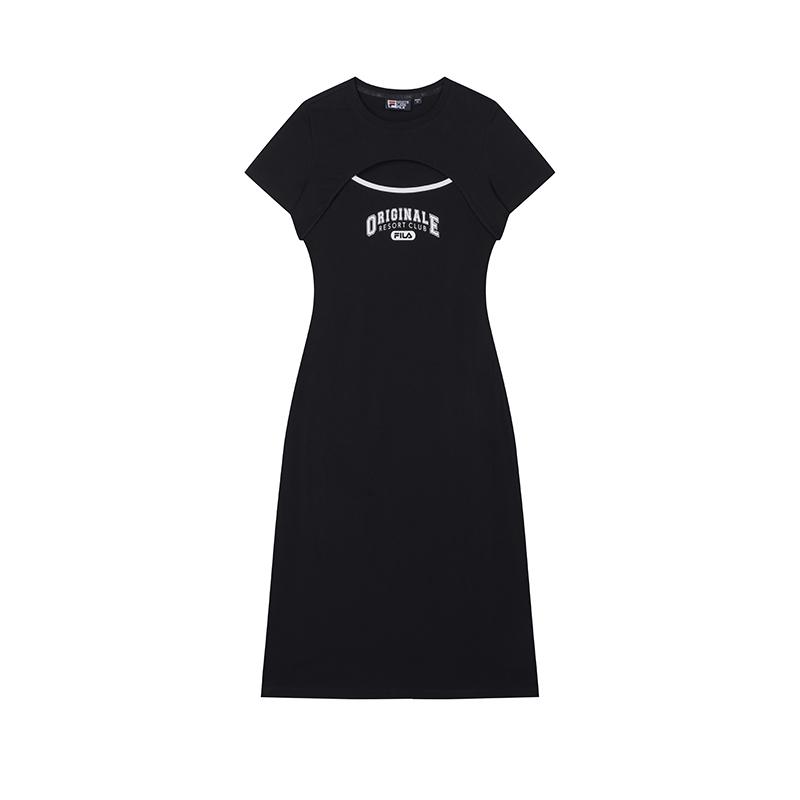 Fila Original Series Fashion Casual Sports Daily Breathable Round Neck Short Sleeve Dress Women Dresses Black F11W429304F-BK