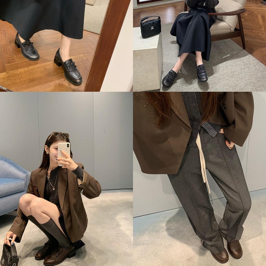 Cowhide Version~ Grape Ma Same Height Increase 5cm Flip Bow Lazy Thick Heel Thick Sole Loafers Women's Small Leather Shoes