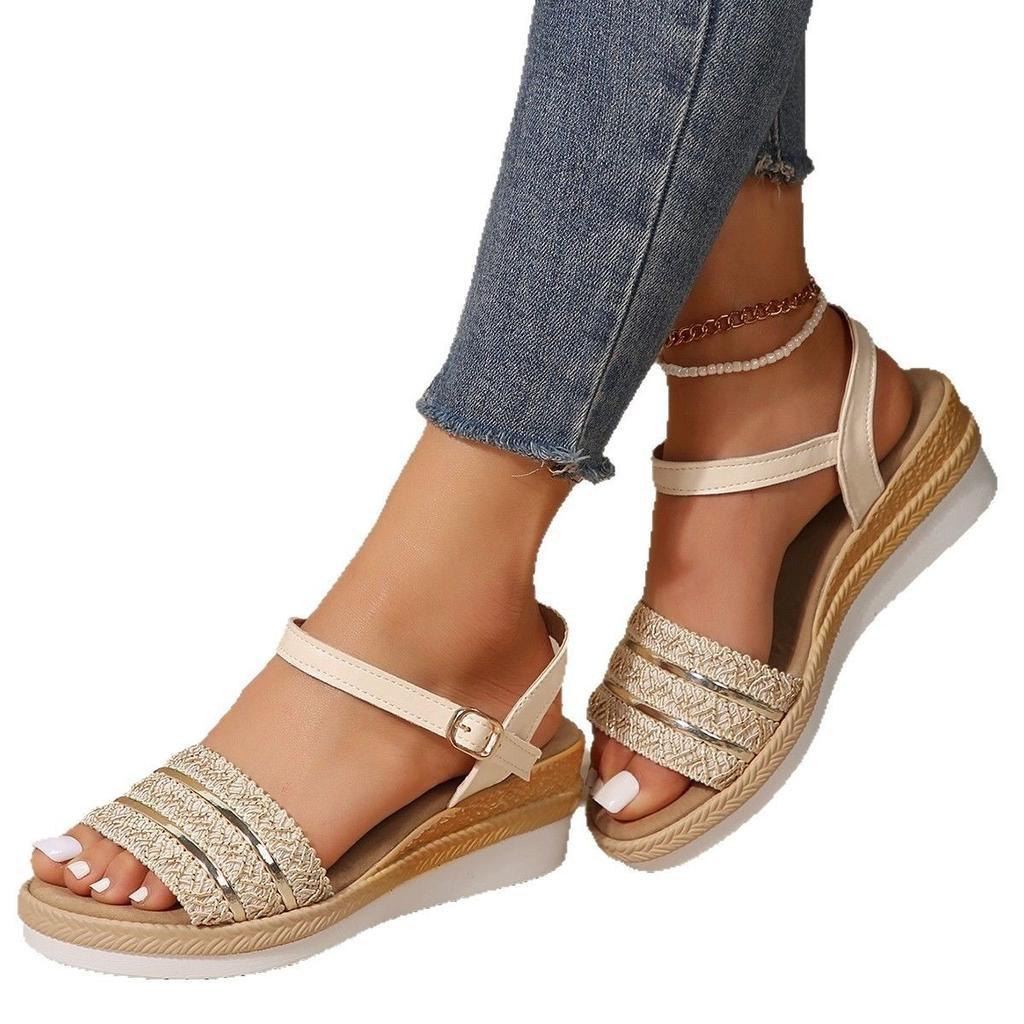 Straw Rhinestone Flash Wedge Heel Platform Sandals 2024 Summer New Simple and Comfortable Fashion Buckle High Heels