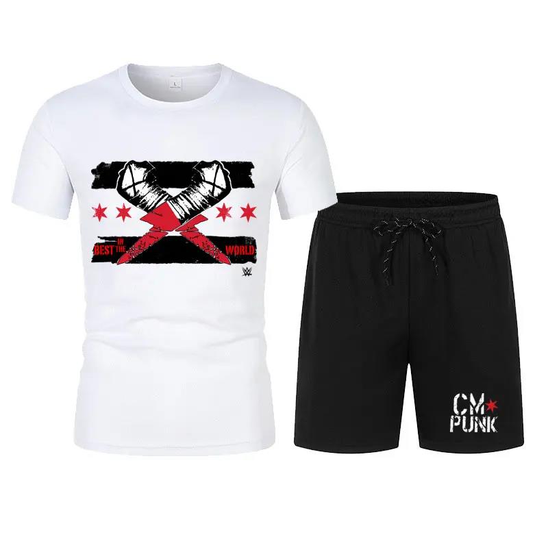 Herren Schwarz Return of CM Punk T-Shirt Shorts Set Sommer Kurzarm Mann Übergroße Anzüge 2024 Neue Mode Bekleidungssets