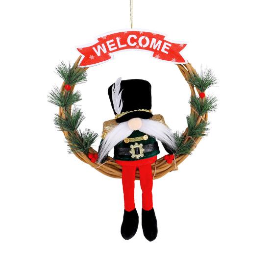 Christmas Gnome Wreath 13 Inch Artificial Vine Wreath with Soldier Gnome Front Door Welcome Sign for Indoor Outdoor Xmas Home Porch Decor