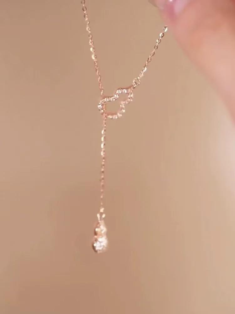 Elegant Gold-Plated Double Gourd Tassel Necklace for Women – Sparkly Clavicle Chain with Fu Lu Pendant