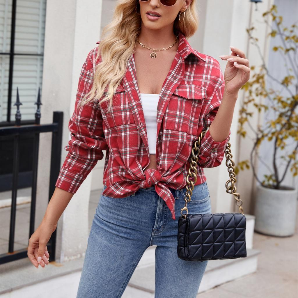 HNXC Women's Fashion Casual Autumn Winter Plaid Print Long Sleeve POLO Neck Blouses & Shirts