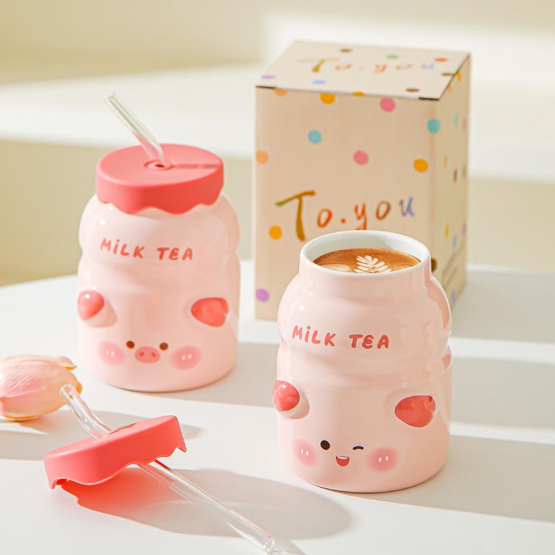 Animal ceramic straw cup with lid Summer essential water cup Girls household cup Juice cup Cold drink cup
