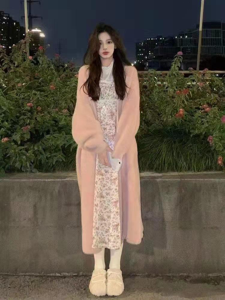 Imitation mink fleece sweater knitted sweater jacket women's autumn and winter thickened medium and long loose lazy wind over the knee cardigan top