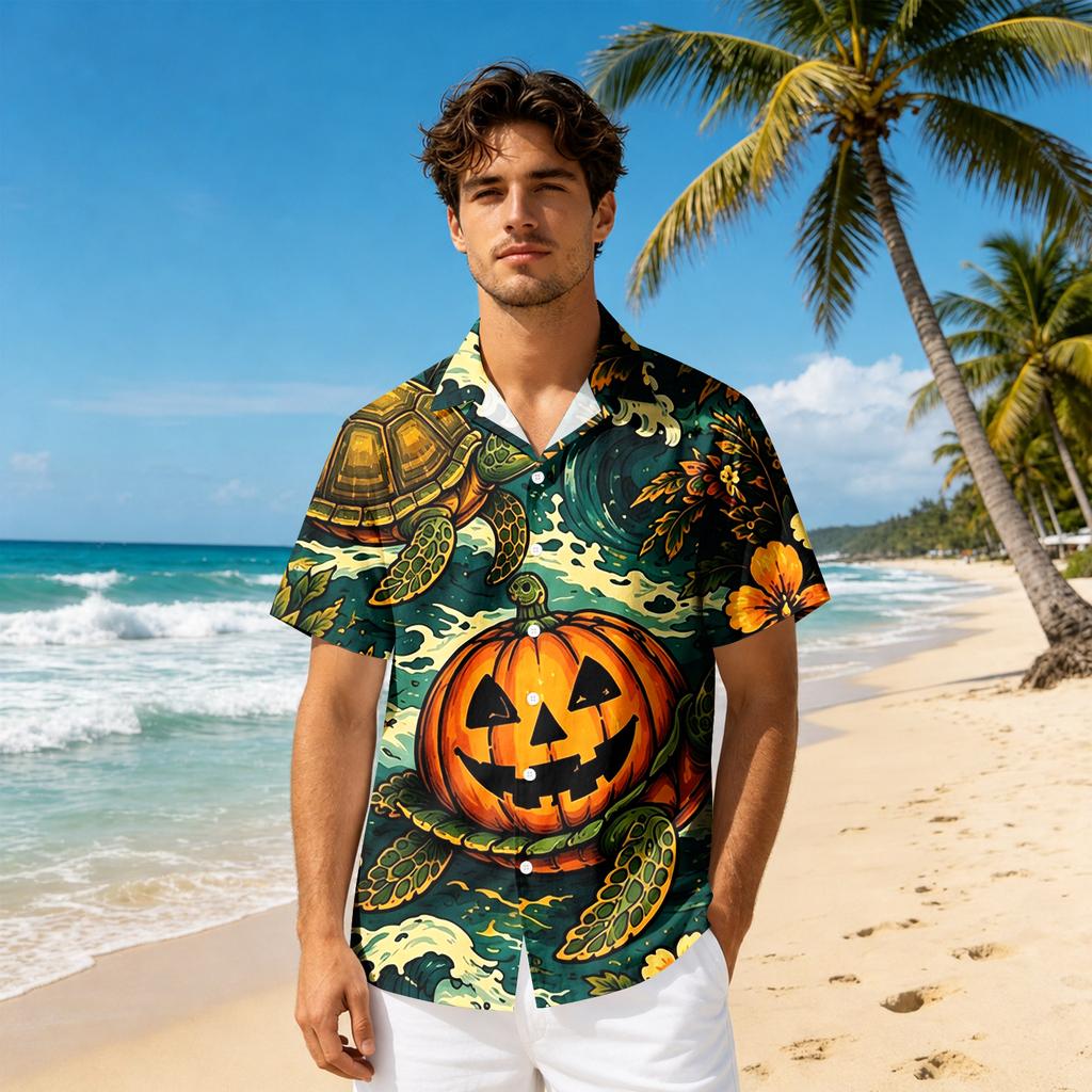 Men's Short Sleeve Casual Button Down Shirt Halloween Print Relaxed Fit Collared Shirt Lightweight Breathable Fabric