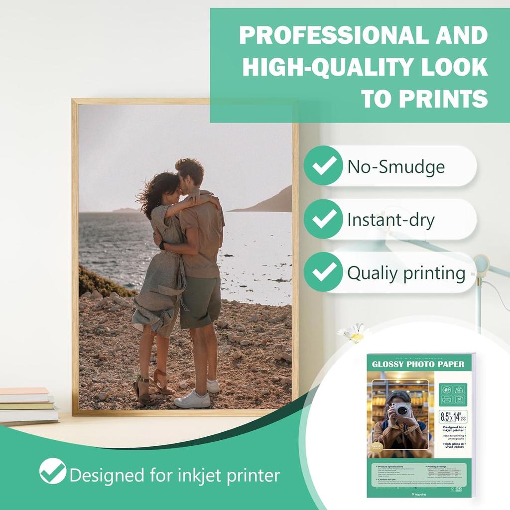 8.5 X 14 Glossy Photo Paper for Inkjet Printer, US Legal Size, 50 Sheets (P8514WS200GP)