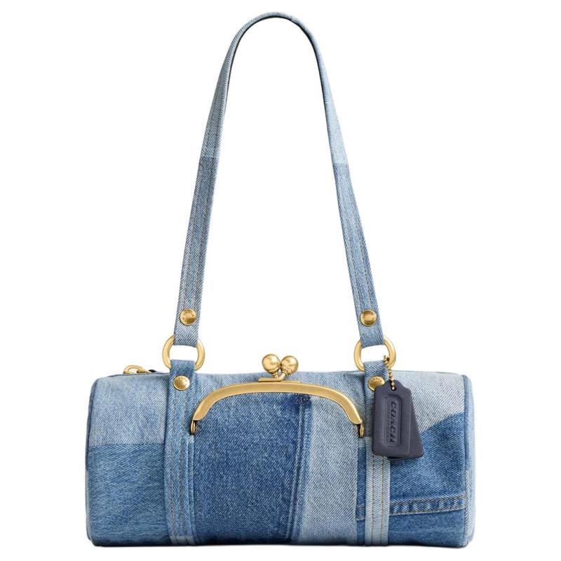 

COACH KisslockBarrel 28 Originals Gold Hardware Denim and Grained Leather Shoulder Bag Large Women s Indigo синій